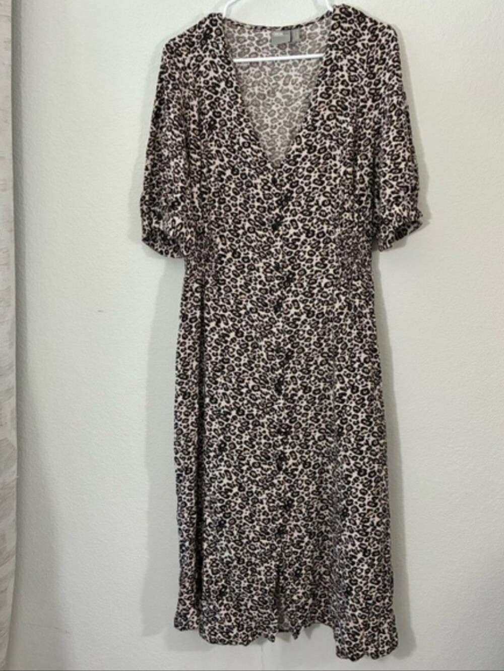 ASOS Neutral Leopard Print V-Neck Midi Dress - Beige & Black